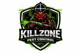 Killzone Pest Control logo featuring a menacing bug warrior character with red eyes holding a spray gun inside a green shield emblem